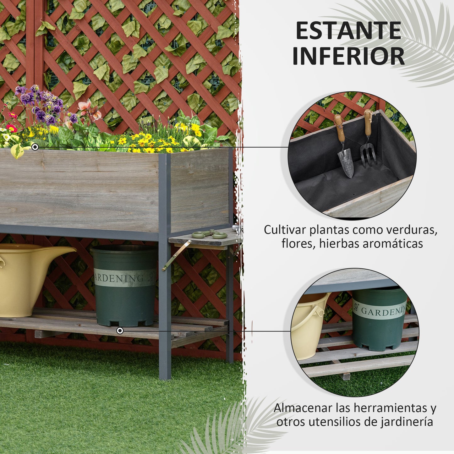 Outsunny Huerto Urbano Elevado De Madera 140x46x75,5 Cm Con 2 Baldas Y Estante_5