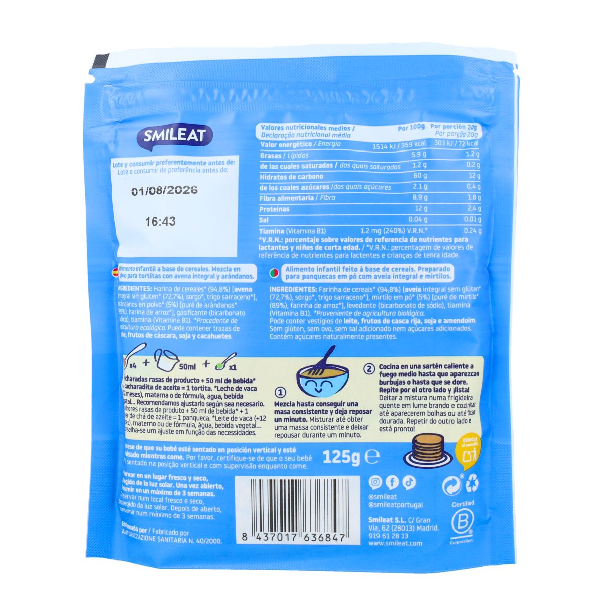 Mistura para panquecas de aveia integral e mirtilos 125g ECO Smileat
