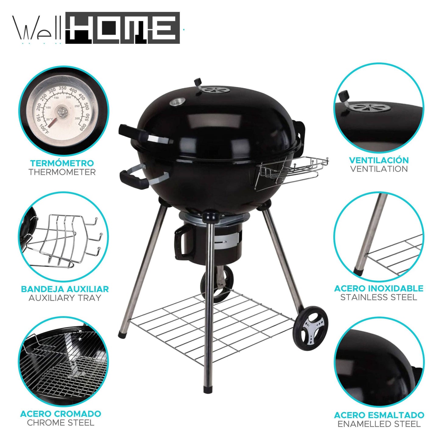 Well Home - Barbacoa Carbón H.99cm Con 4 Patas Y Ruedas_2