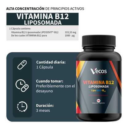 Vitamina B12 1000 µg Liposomal VECOS (90 cápsulas) | Energía y Reducción del cansancio | Metilcobalamina pura_2