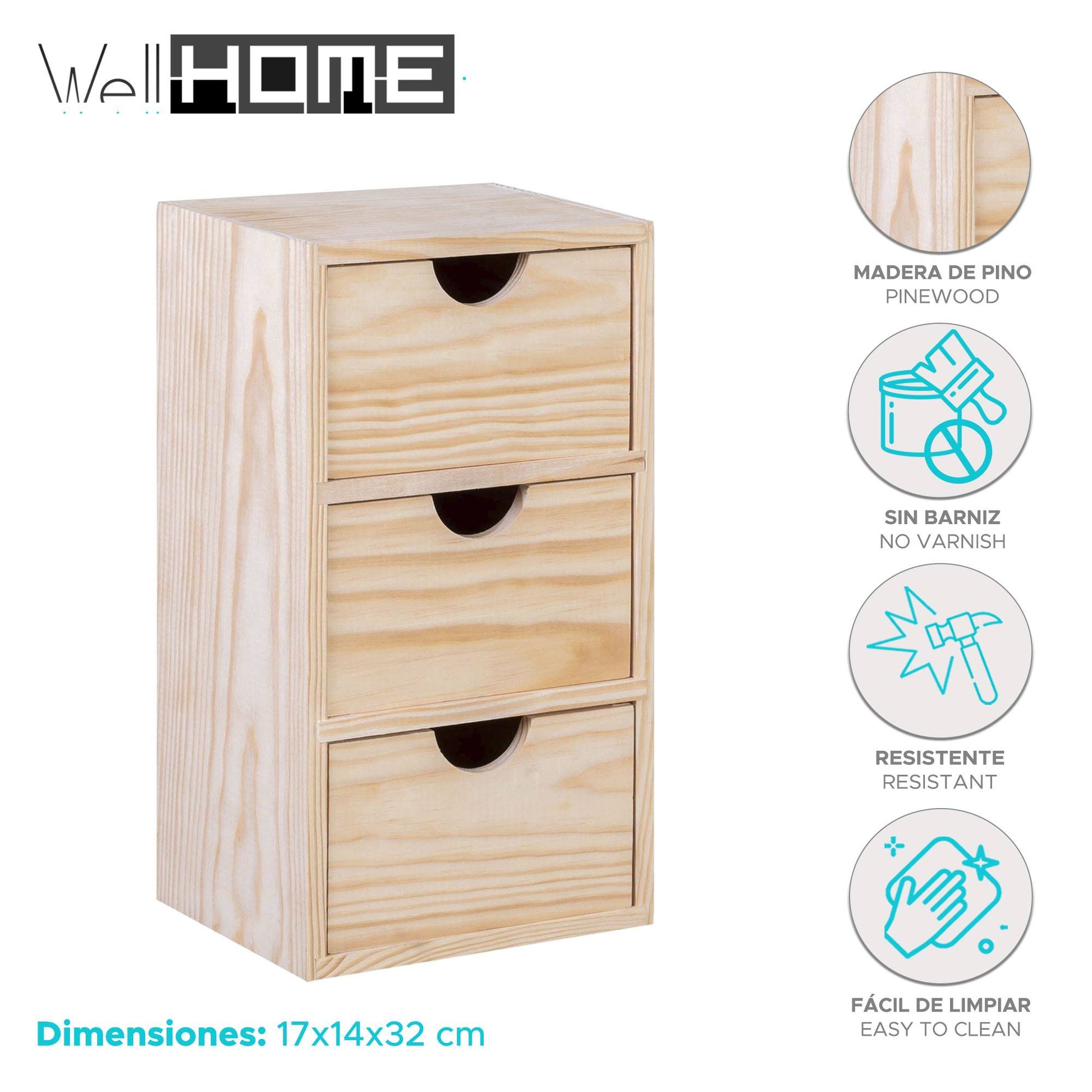 Well Home - Miniblock 3 Cajones En Madera De Pino