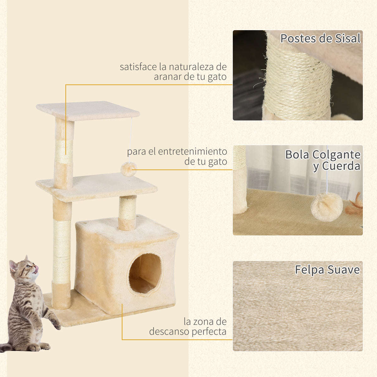 Pawhut Árbol Rascador Para Gatos 50x30x81,5 Cm Con Postes Plataformas Caja Bola_4