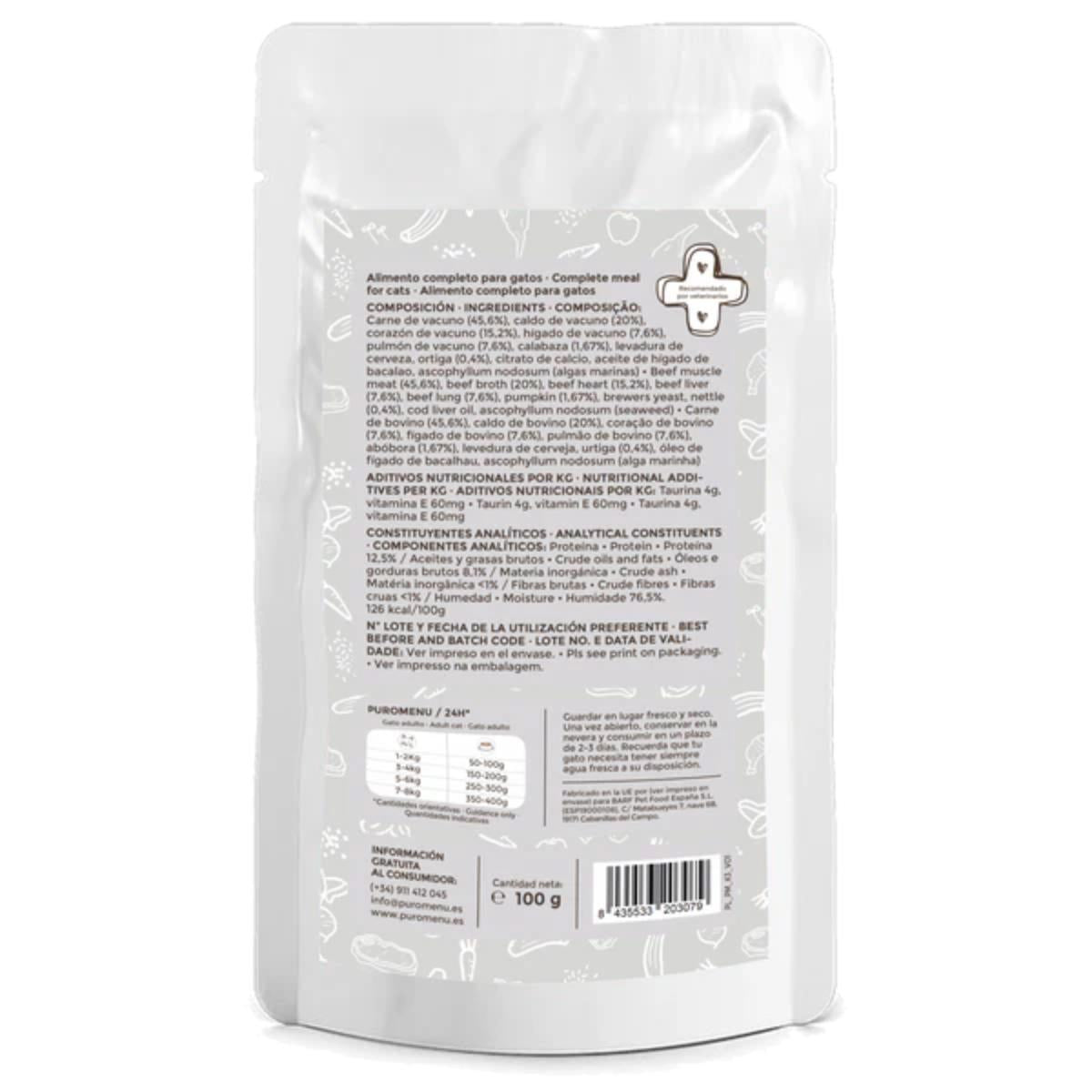 Pack Bigotes Felices (Vacuno) BIO Puromenu 6x100 g Comida húmeda Barf gatos