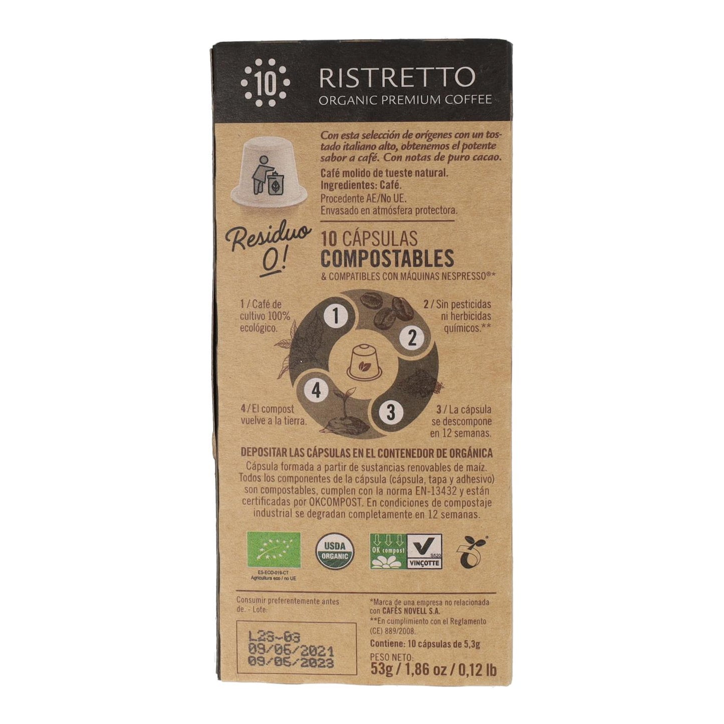 Cápsulas compostables de café ristretto para nespresso Novell 10 unidades