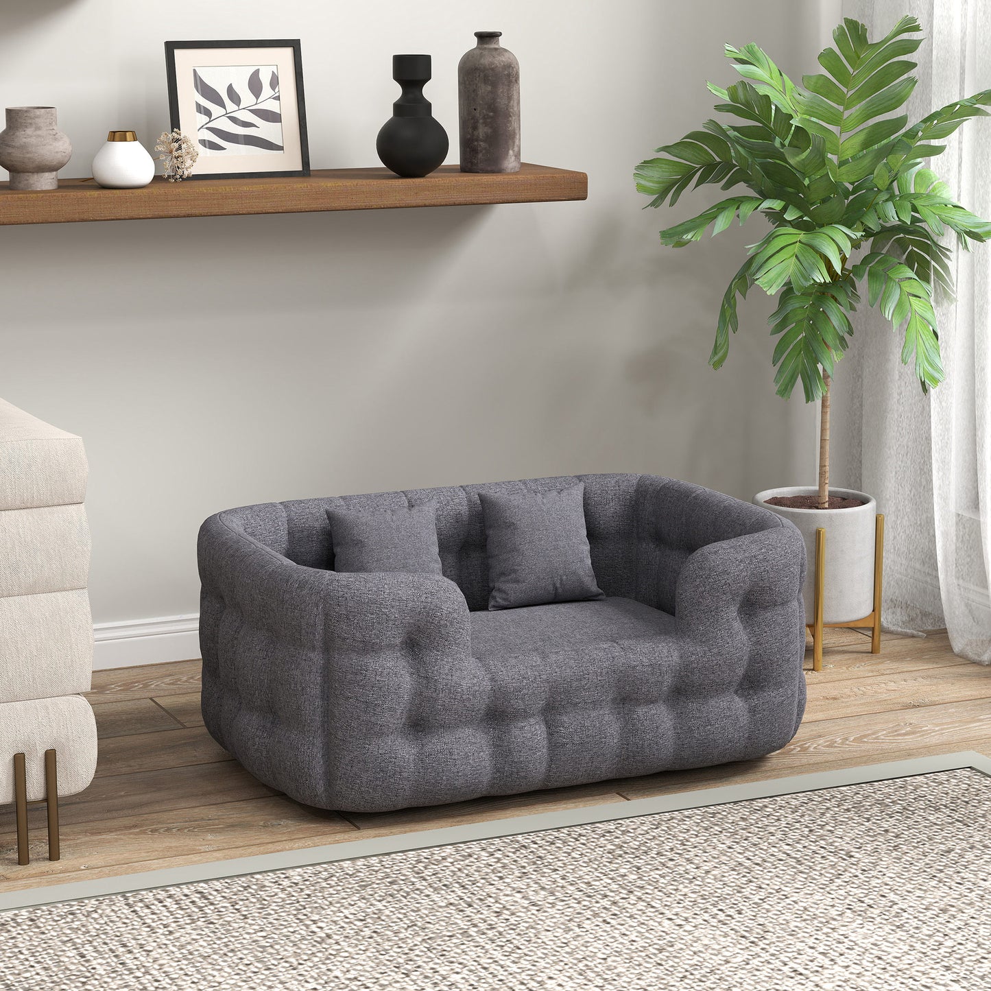 Pawhut Cama Para Perros Medianos Con 2 Almohadas Antideslizante 90x60x35cm Gris_1