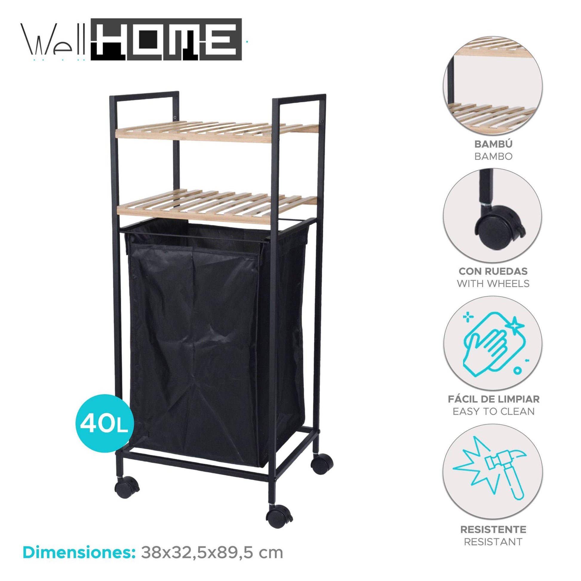 Well Home Estantería De Baño 2 Estantes Y Bolsa De Lavandería H.89,5cm_1