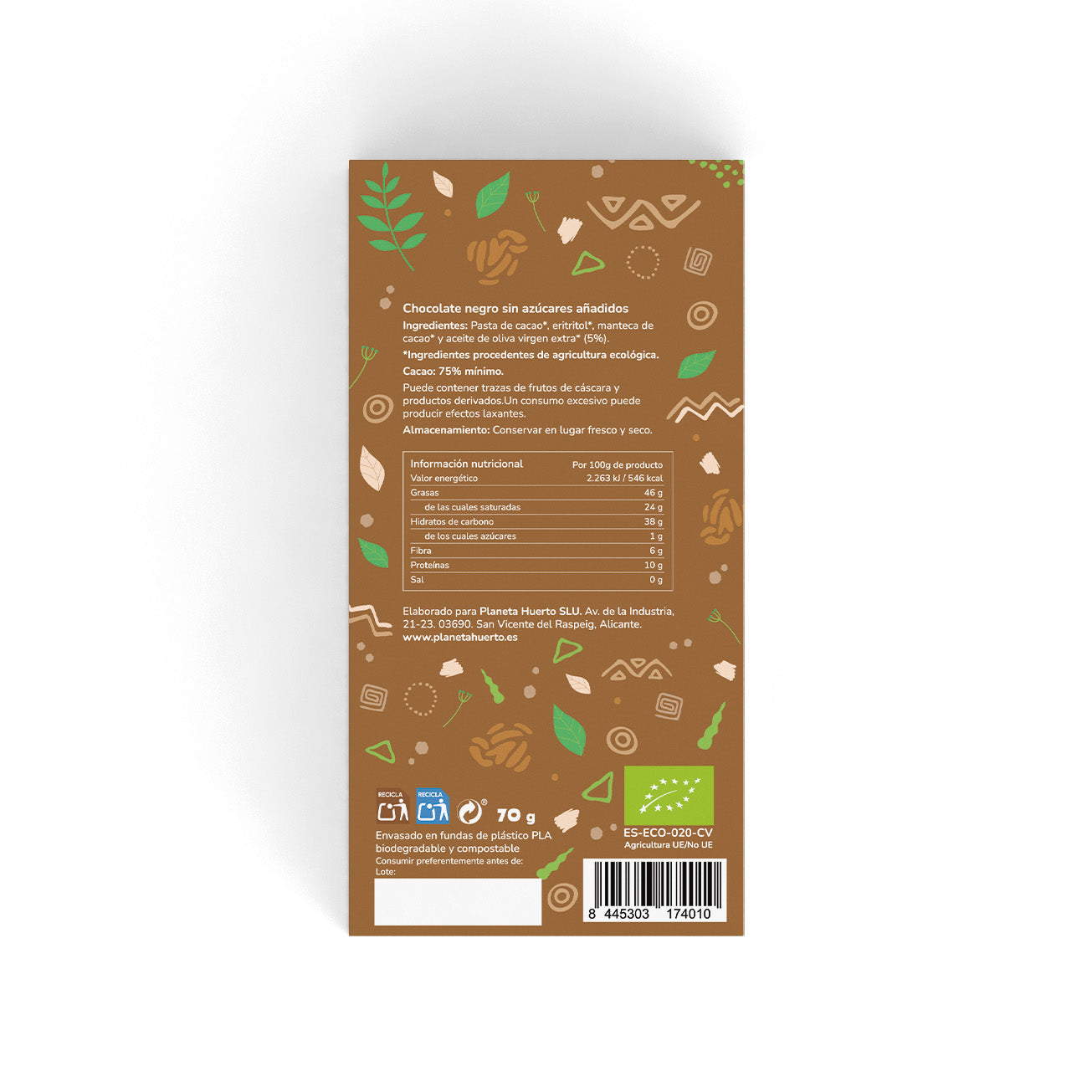 Barra de chocolate negro 75% sem adição de açúcares, ECO Planeta Huerto, 70 g