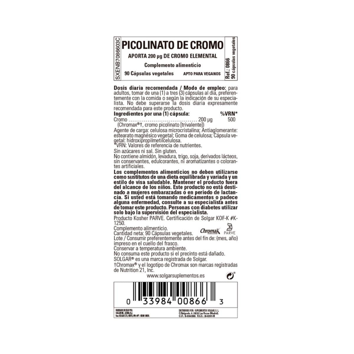 Picolinato de Crómio 90 Cápsulas Vegetais 200mg Solgar