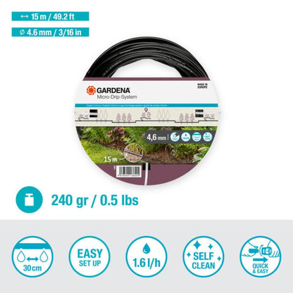 Tubo com gotejadores incluídos 4,6 mm (3/16"), 15 m