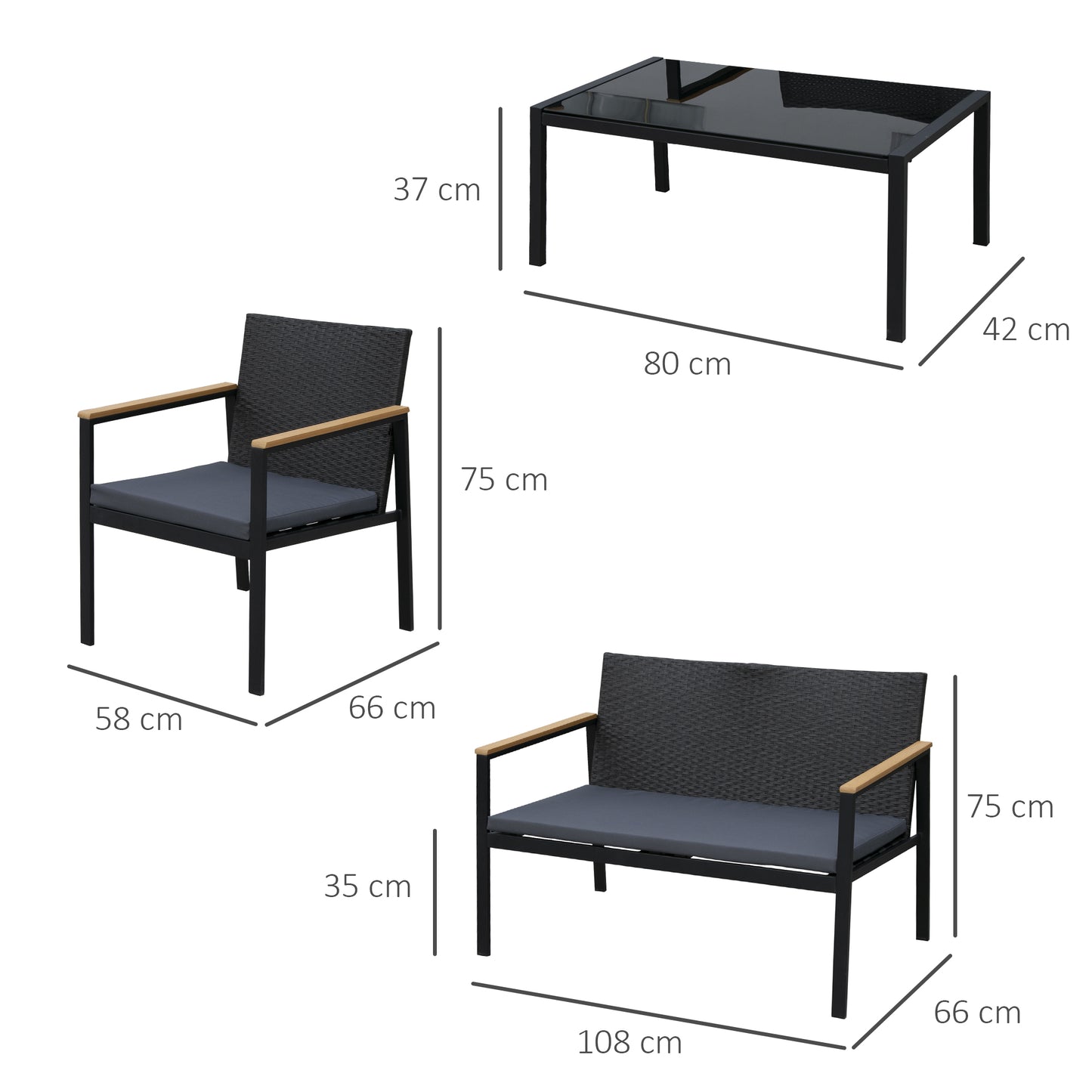 Outsunny Conjunto Muebles De Ratán Con Cojines 4 Piezas Acolchados Con Sofá_2