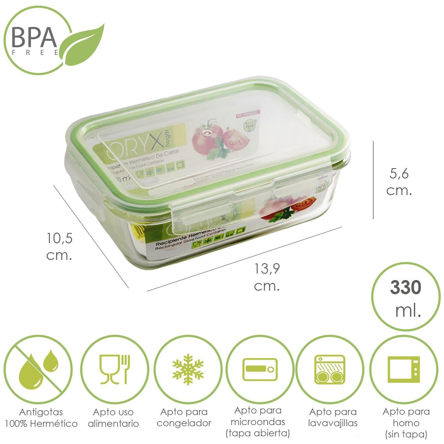 Recipiente Hermetico Cristal Rectangular  330 Ml. 13.9 X 10.5 X 5.6 (alt) Cm.