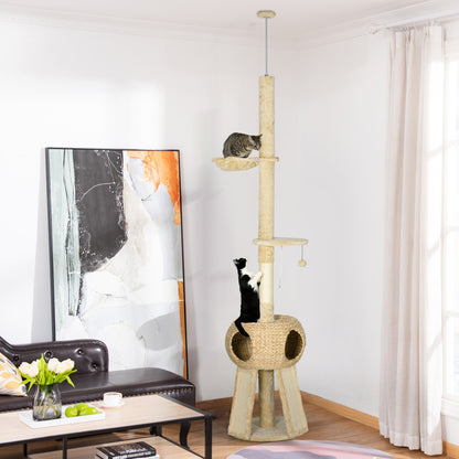 Pawhut Árbol Para Gatos De Suelo A Techo De 225-255 Cm Con Cueva Hamaca Beige_1