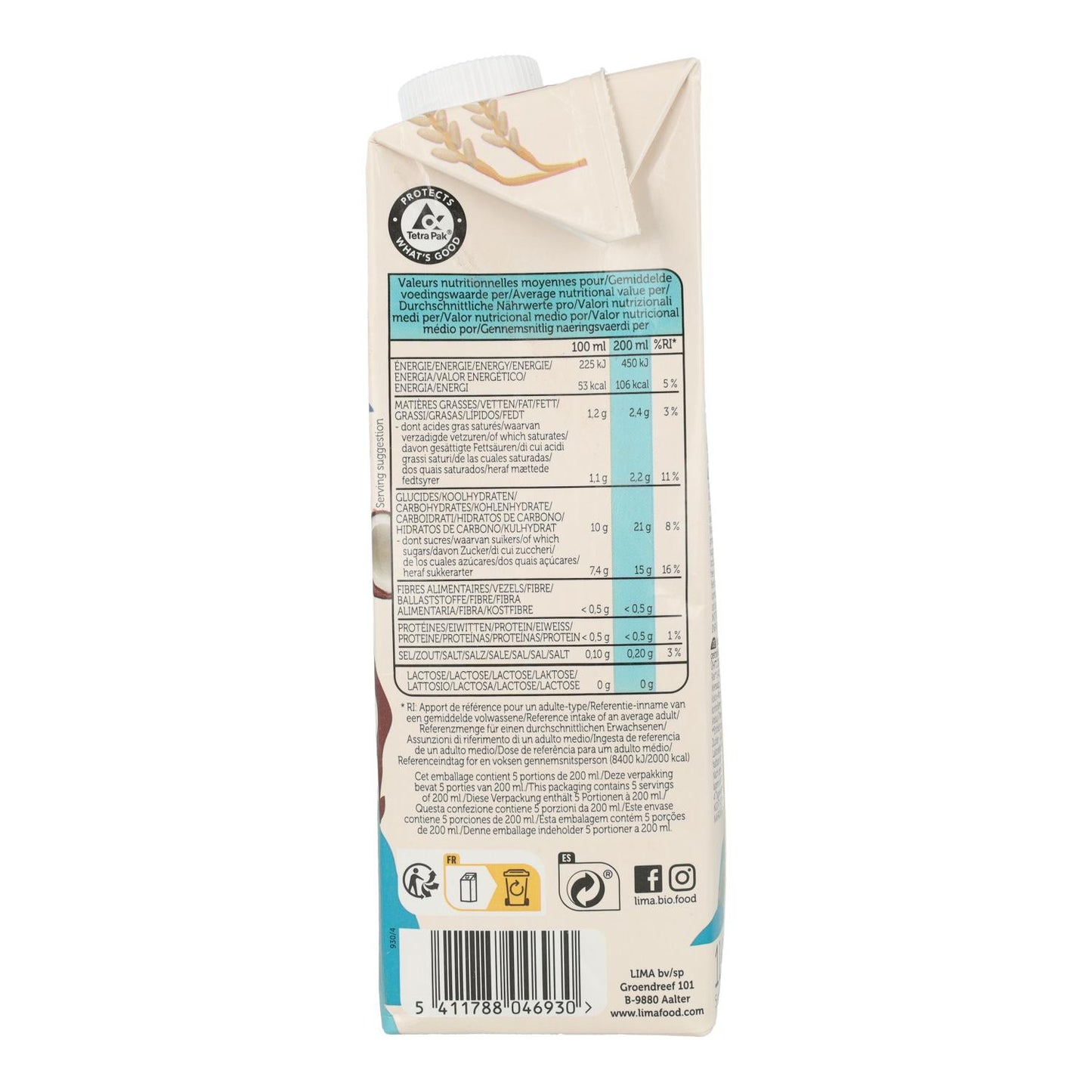 Bebida Vegetal de Arroz e Coco Biológica sem Glúten ECO Lima 1L