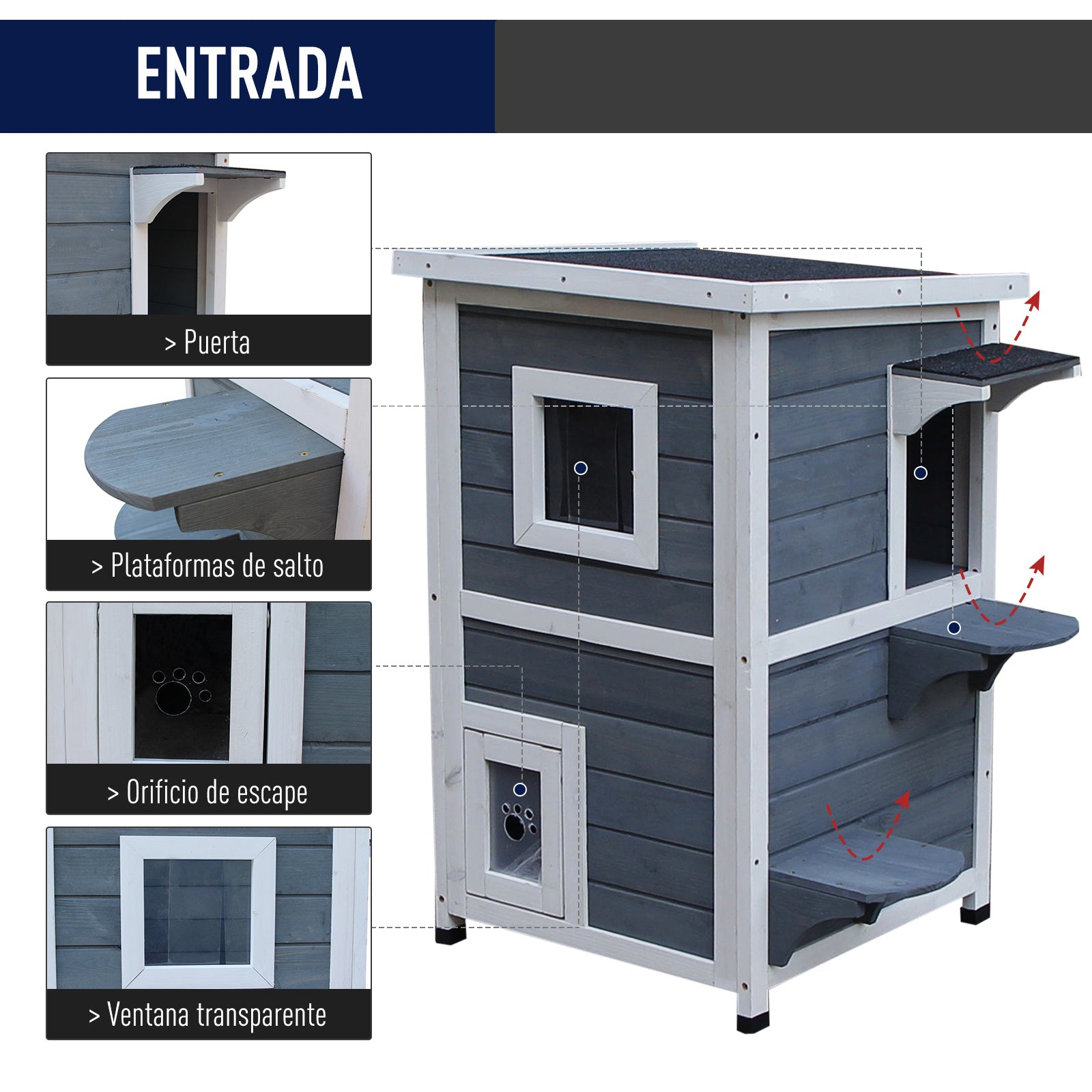 Pawhut Caseta Para Gatos De Madera Exterior Con Techo Abrible 51x51x81,3 Cm Gris_5