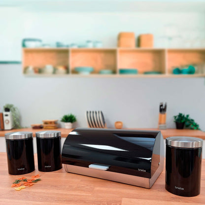 Panera De Mesa +juego 3 Botes Cocina Almacenaje Acero Inoxidable Contenedor De Pan Con Tapa, Briebe, Bb1161, Negro/inox_2