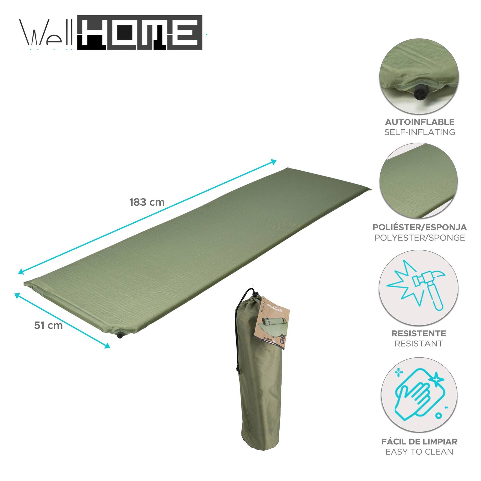 Well Home Colchoneta Autoinflable En Poliéster Y Esponja 183x51x2,5cm Color Verde_1