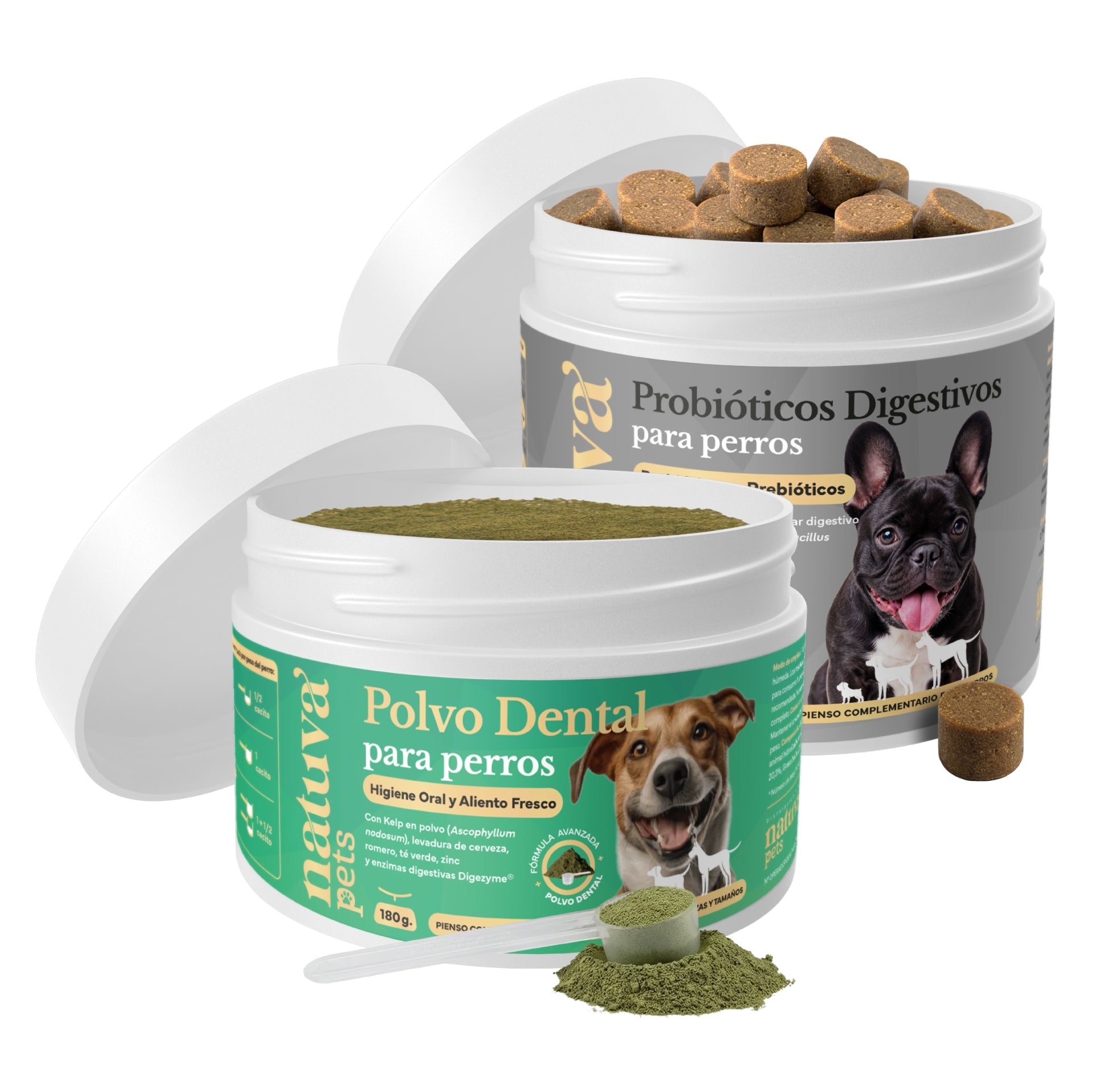Pack Polvo Dental + Probiótico Para Perros. Suplementos Mascotas. 180 G Y 120 Masticables. Natuva Pets_0