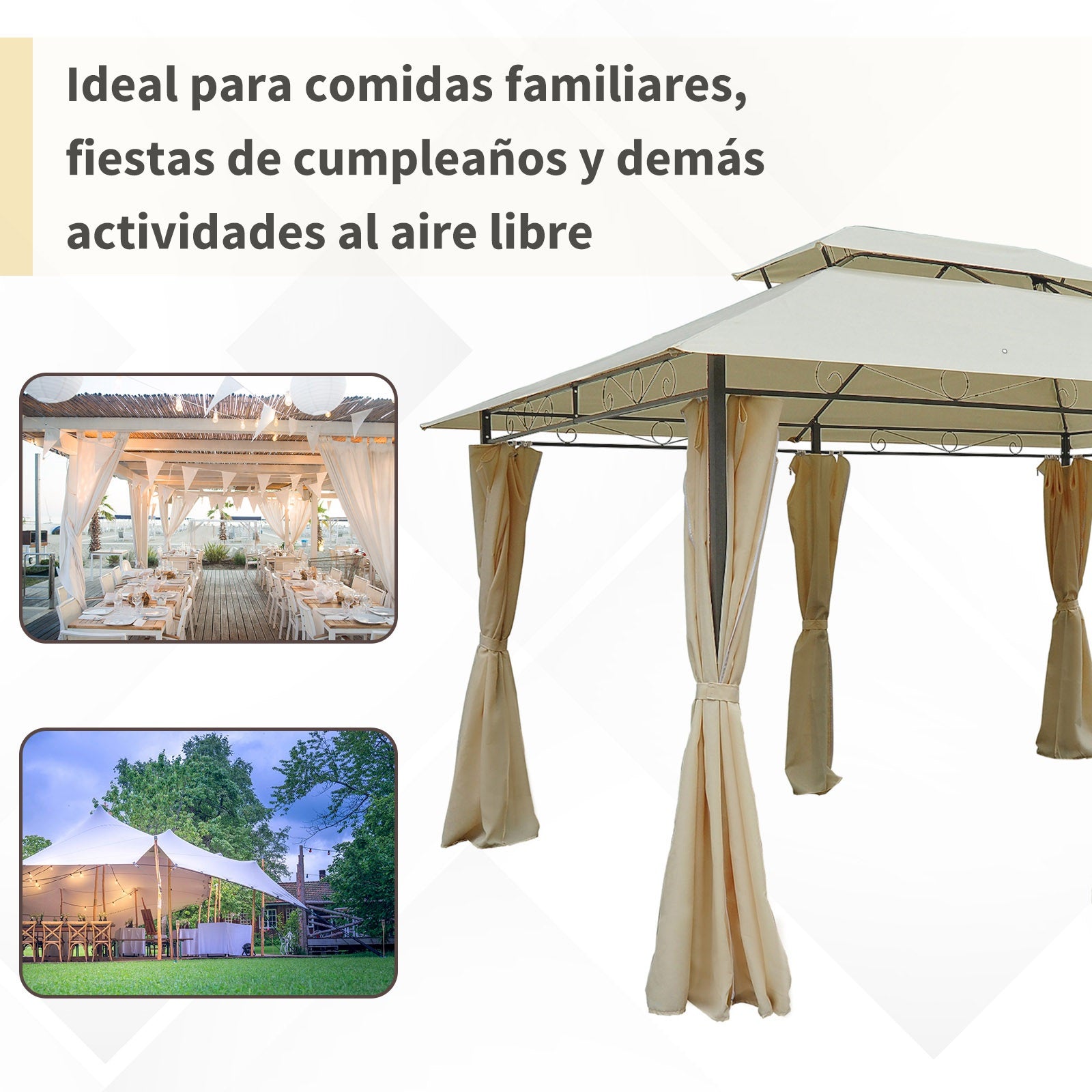 Outsunny Cenador De Jardín 3x4 M Con Paredes Laterales Doble Techo Crema_5