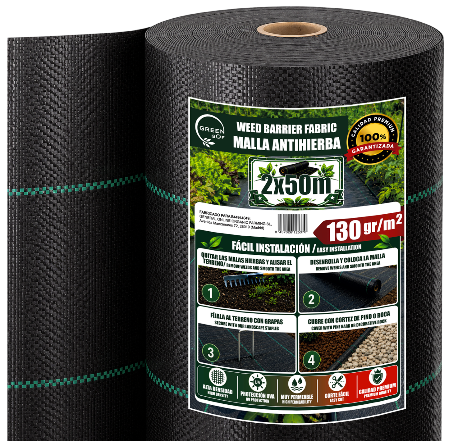 Green Gof Malla Antihierbas Premium 2x50m, 130g/m² - Ultra Resistente. Alta Estabilización Uv, Permeable Y Transpirable._0
