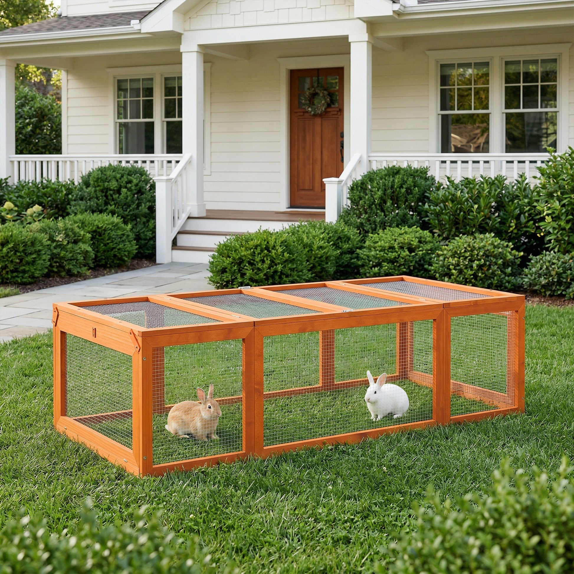 Pawhut Conejera Exterior De Madera Con 3 Puertas 180x90x48 Cm Natural_1