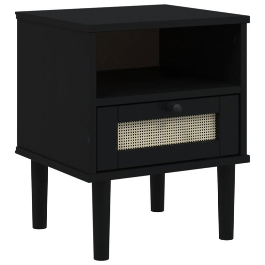 Mesita Noche Senja Aspecto Ratán Madera Pino Negro 40x35x48 Cm_0