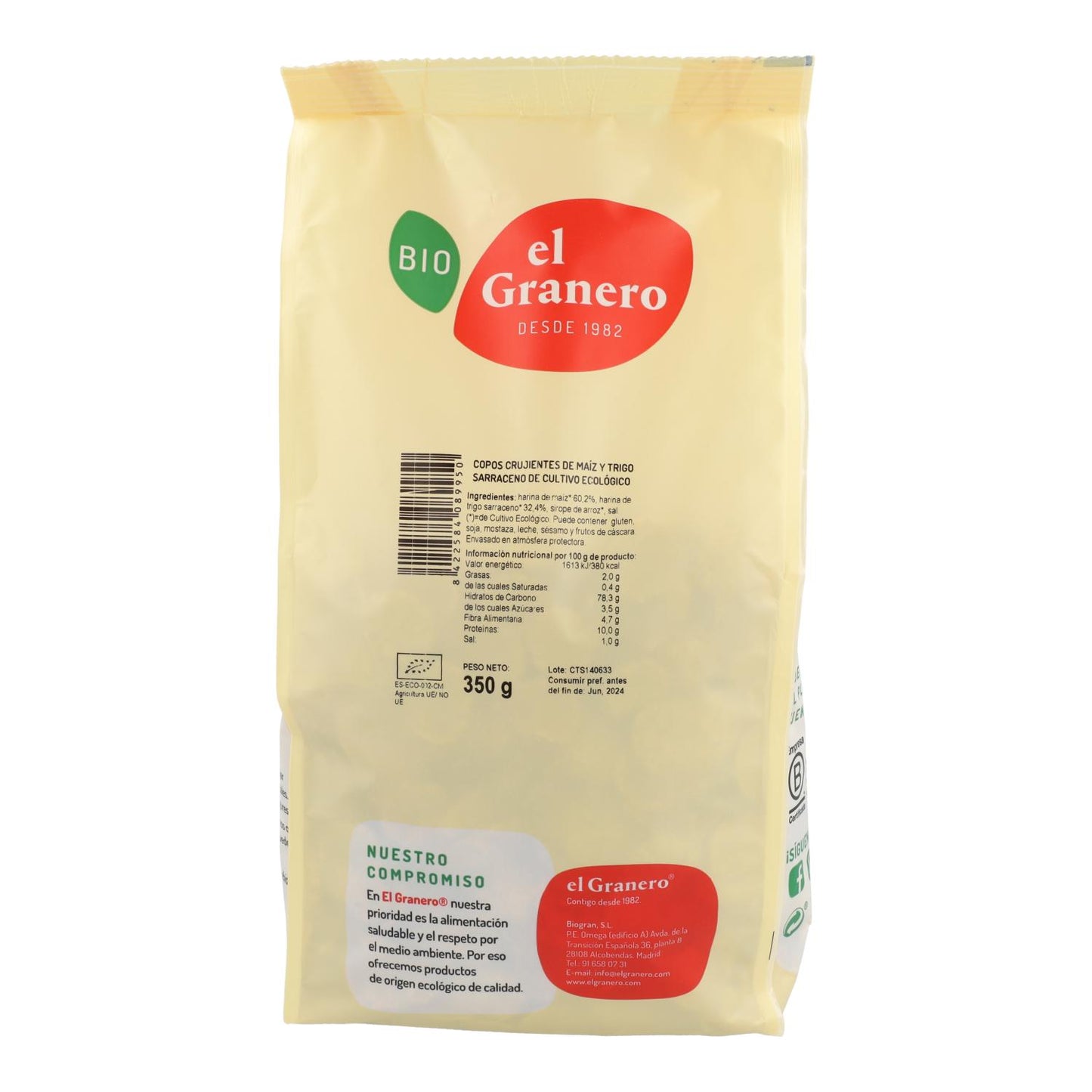 Flocos de milho e trigo sarraceno crocantes biológicos, 350 g El Granero