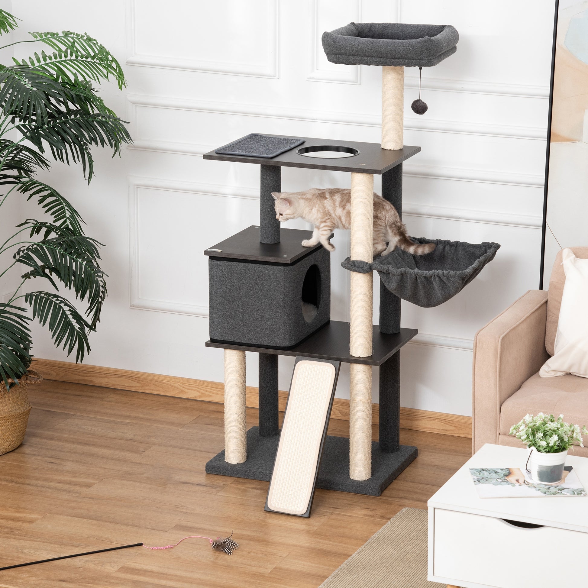 Pawhut Árbol Para Gato Con Cueva De Fieltro Extraíble Poste Rascador 60x40x146cm_1