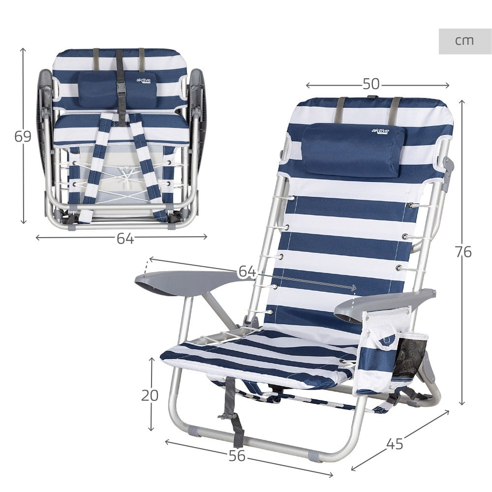 Silla Playa Plegable Baja Mochila 4 Posiciones Rayas C/cojín Y Bolsillo Aktive_3