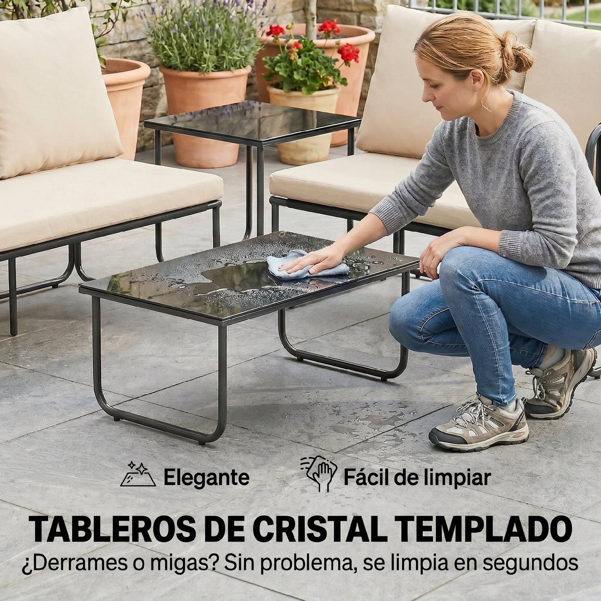Outsunny Conjunto Jardín Exterior De 4 Piezas 2 Mesas De Vidrio 2 Sofás Cojines_4