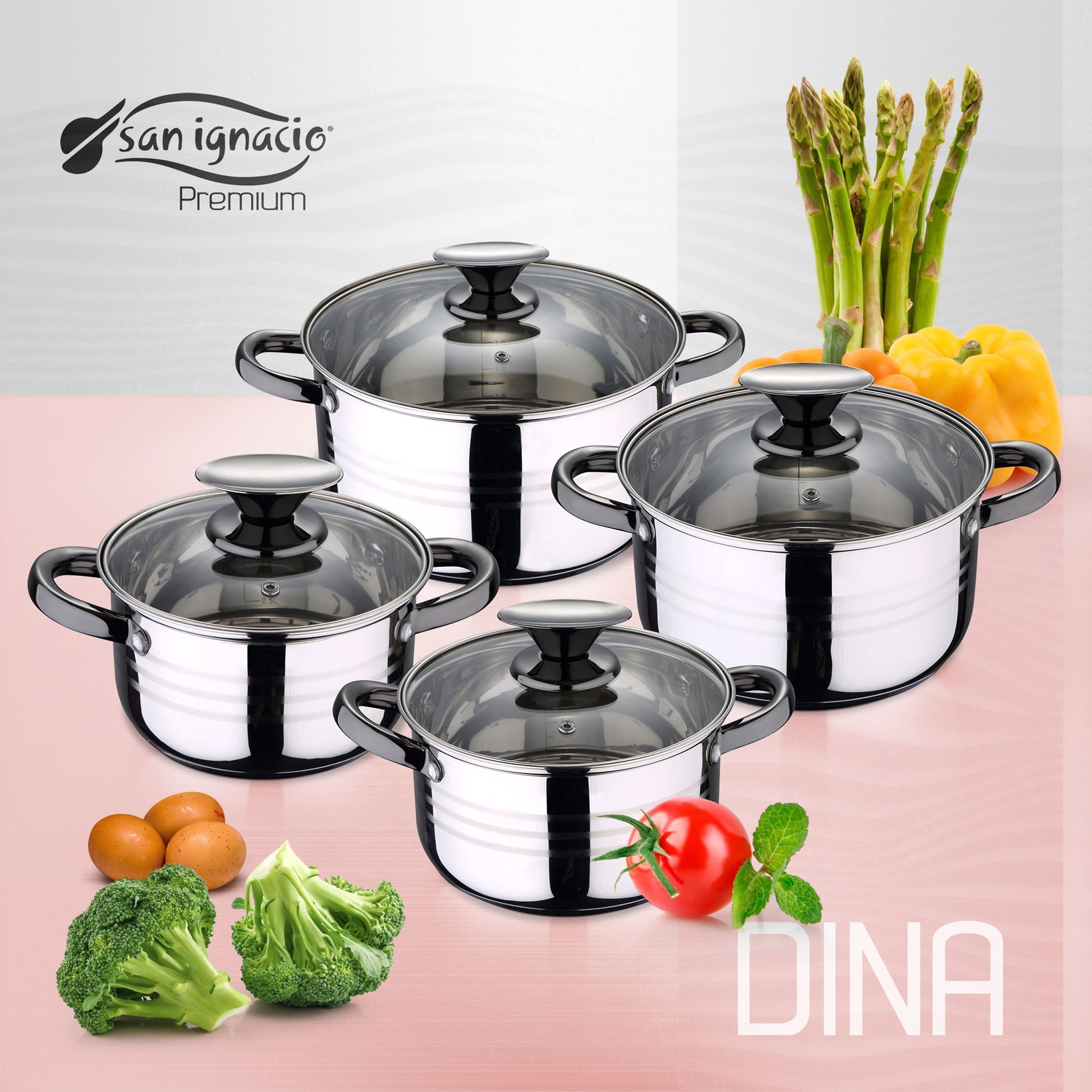 Bateria De Cocina 8 Piezas San Ignacio Dina De Acero Inoxidable Con Juego De Sartenes (16/20/24 Cm) San Ignacio Paradise De Aluminio Prensado_1