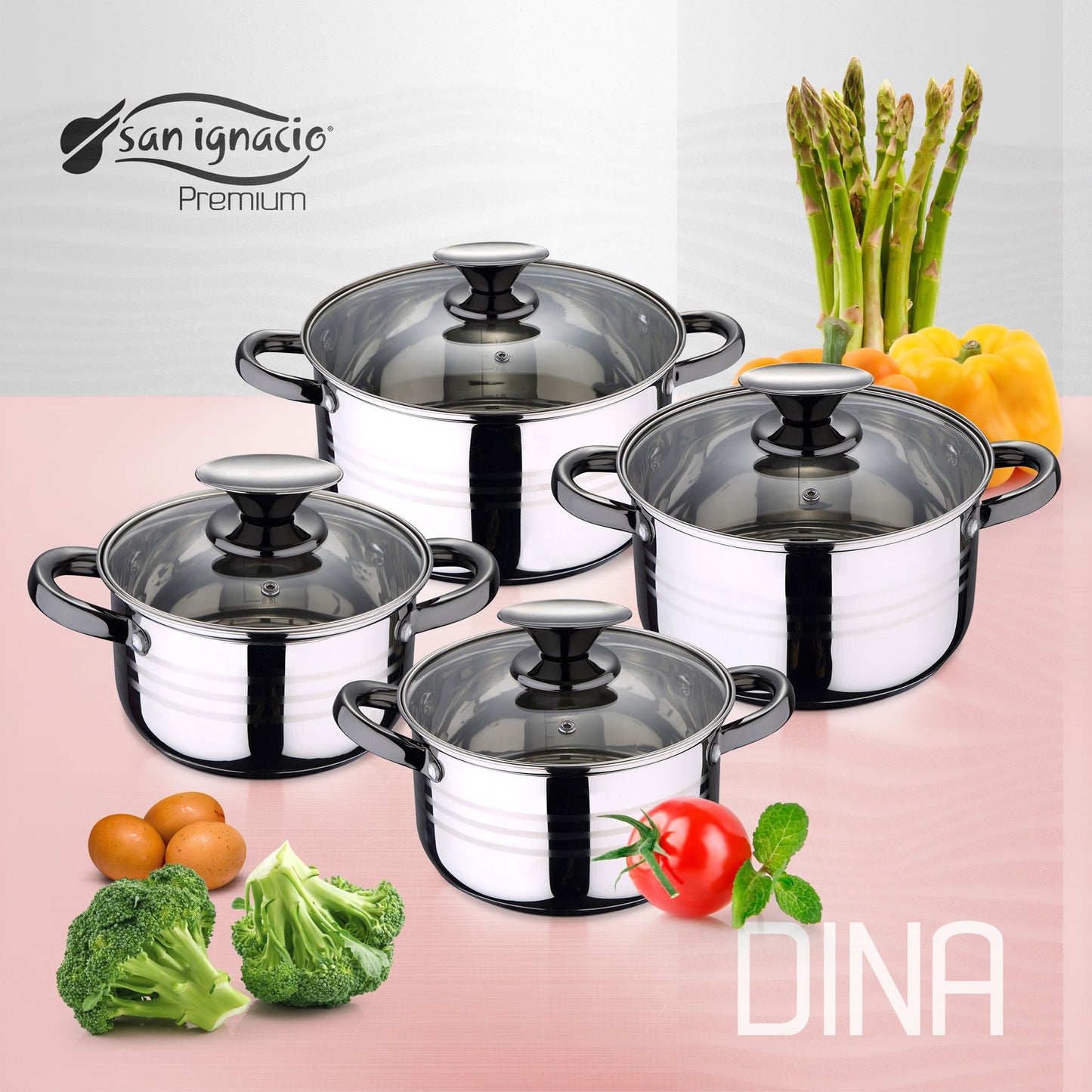 Bateria De Cocina 8 Piezas San Ignacio Dina De Acero Inoxidable Con Juego De Sartenes (20/24/28 Cm) San Ignacio Energy De Aluminio Forjado_1