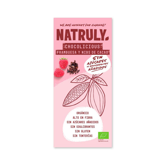 Barra de chocolate Chocolicious BIO com framboesa e pepitas de cacau Natruly 85 g