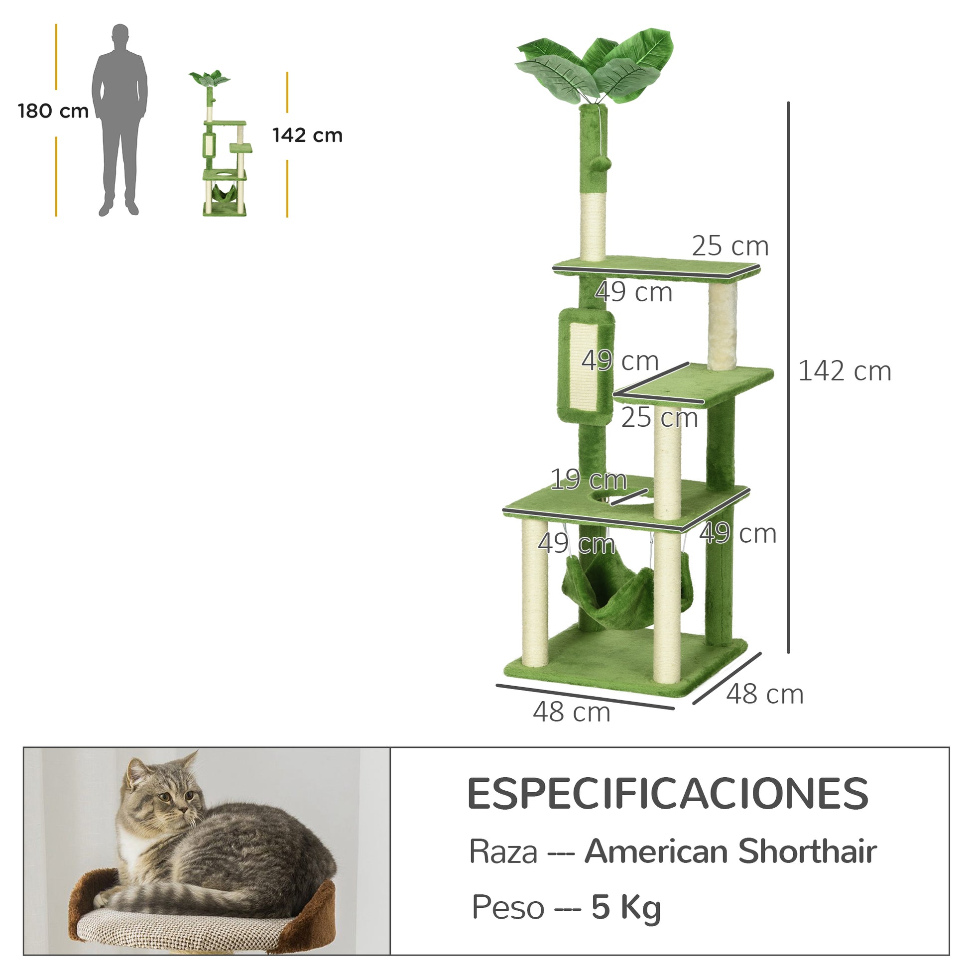 Pawhut Árbol Rascador Para Gatos Grandes De 142 Cm Con Hojas 49x49x142 Cm Verde_2