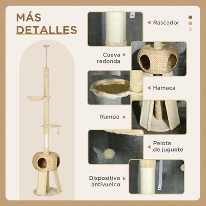 Pawhut Árbol Para Gatos De Suelo A Techo De 225-255 Cm Con Cueva Hamaca Beige_5
