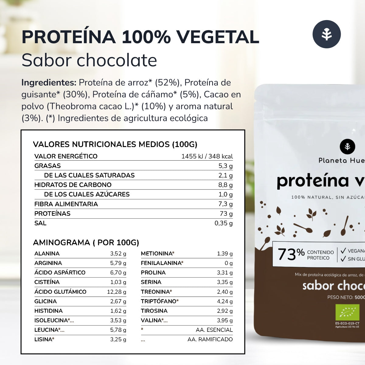 Proteína vegana ECO 73% chocolate Planeta Huerto 500 g