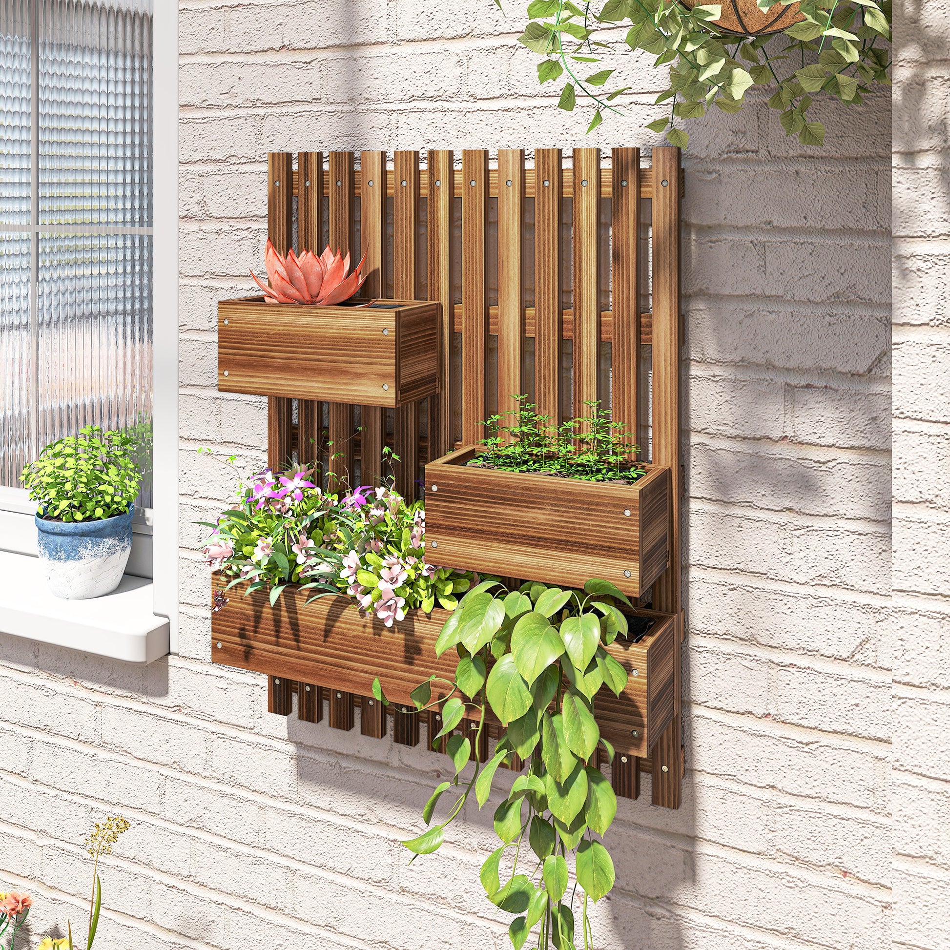 Outsunny Jardinera De Pared Con Enrejado De Madera 3 Macetas Móviles 60x16x80 Cm_4
