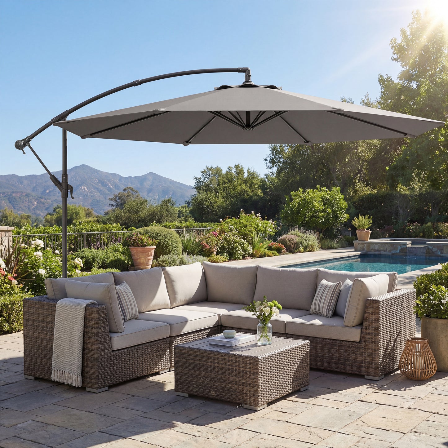 Outsunny Parasol Excéntrico Ø300 Cm Con Base Cruzada Toldo Ajustable Y Manivela_1