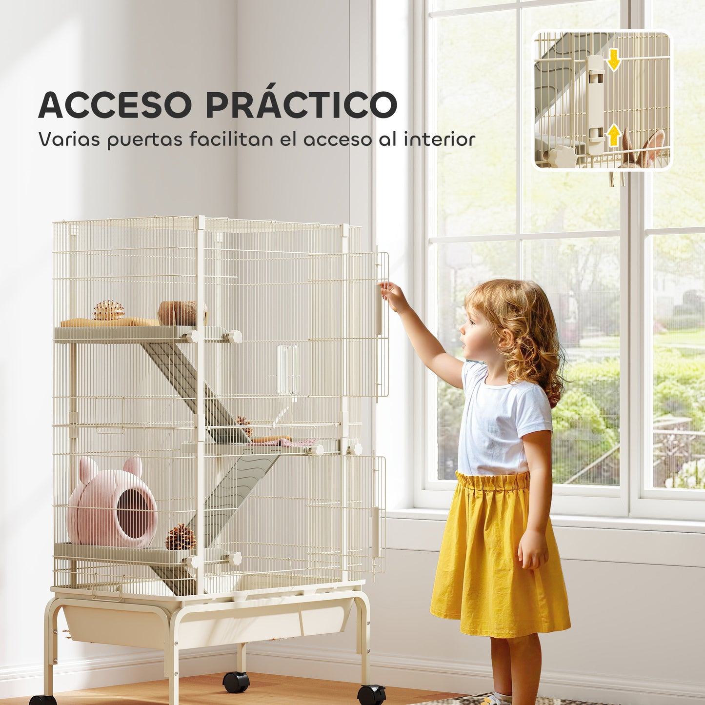 Pawhut Jaula Para Animales Pequeños De 4 Niveles Con Ruedas 69x44x120 Cm Beige_5