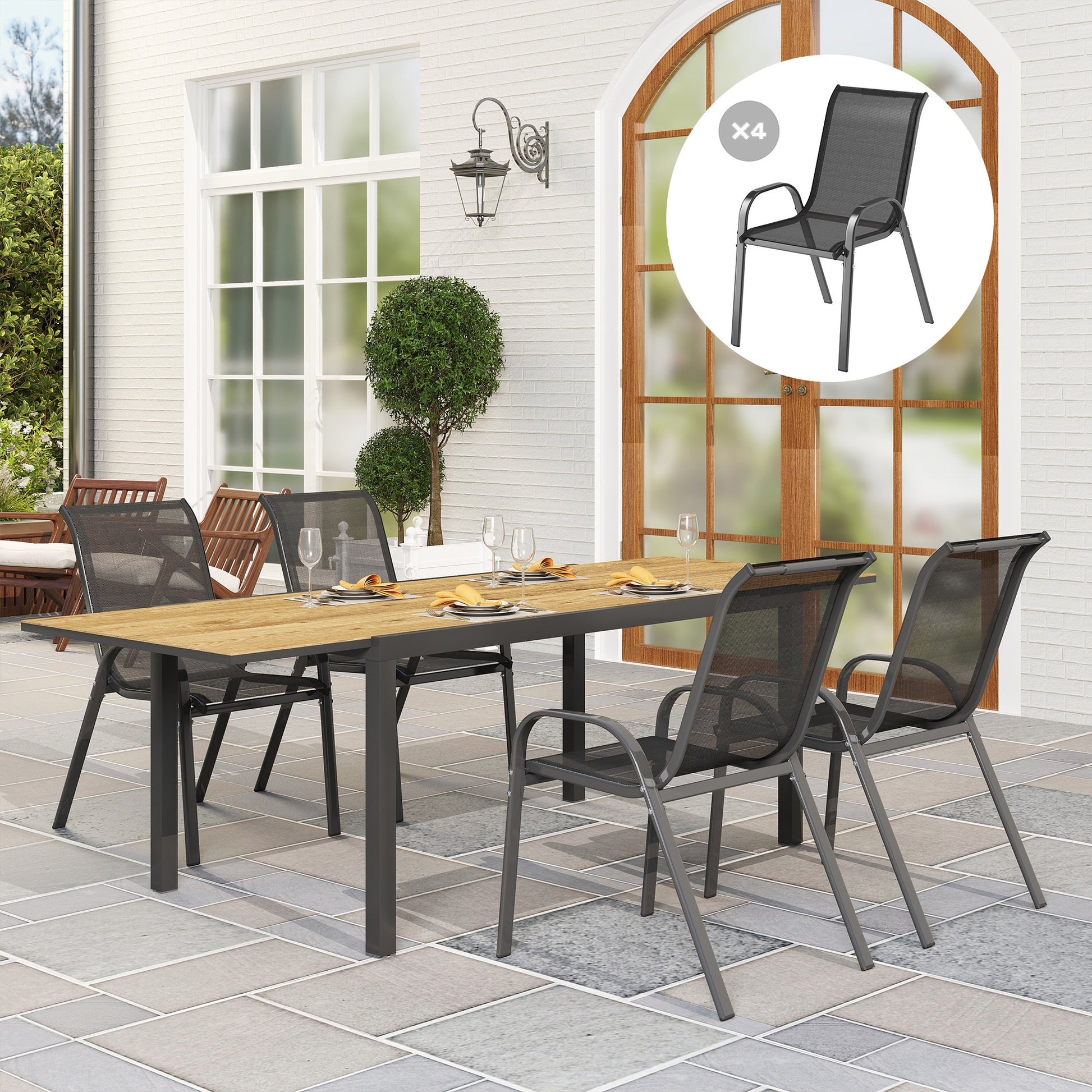 Outsunny Juego De 4 Sillas De Jardín Exterior Apilables 54x71x93 Cm Negro_1
