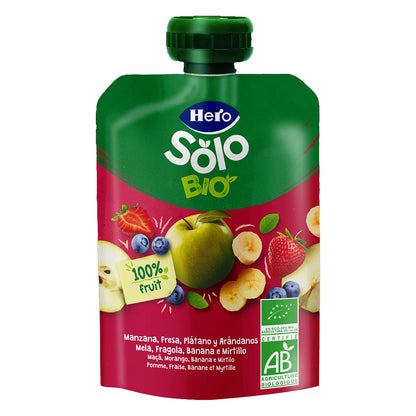 Saco de fruta 100% biológica com sabor a maçã, morango, banana e mirtilo, 100g. Herói Solo