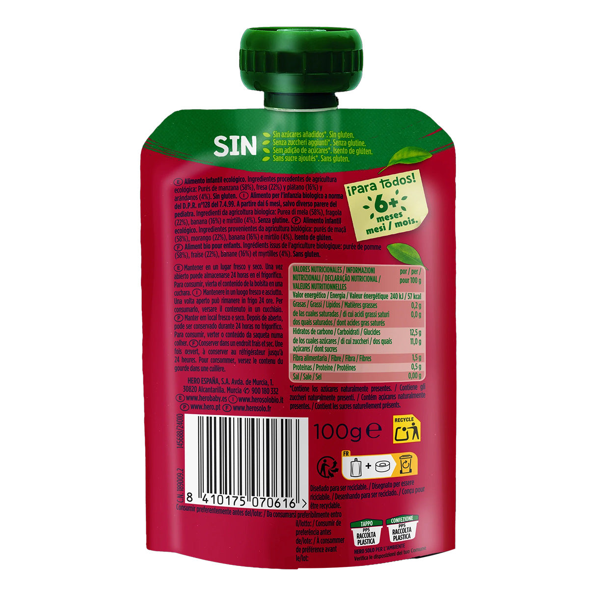 Saco de fruta 100% biológica com sabor a maçã, morango, banana e mirtilo, 100g. Herói Solo