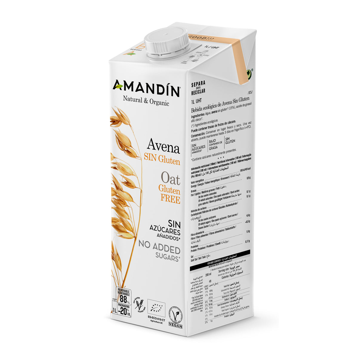 Bebida de Avena Sin Gluten Bio Amandin 1L