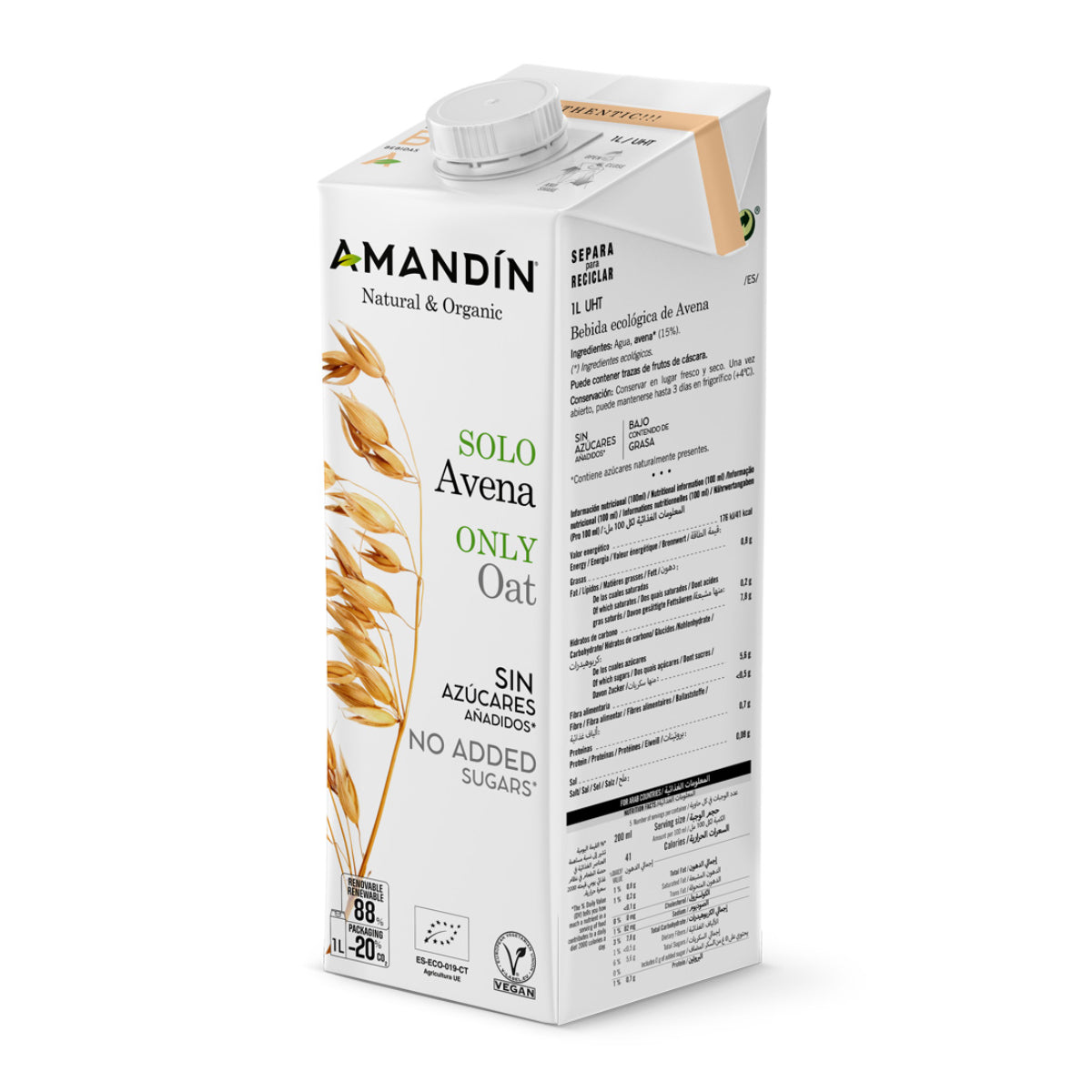 Bebida de Avena Sólo Avena (Sin Aceite) Bio Amandin 1L