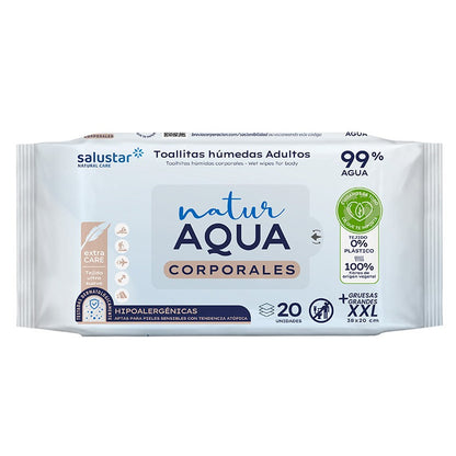 Toallitas de Higiene Corporal Adultos Aqua 99% agua Salustar 20 uds (XXL 38 x 20 cm)