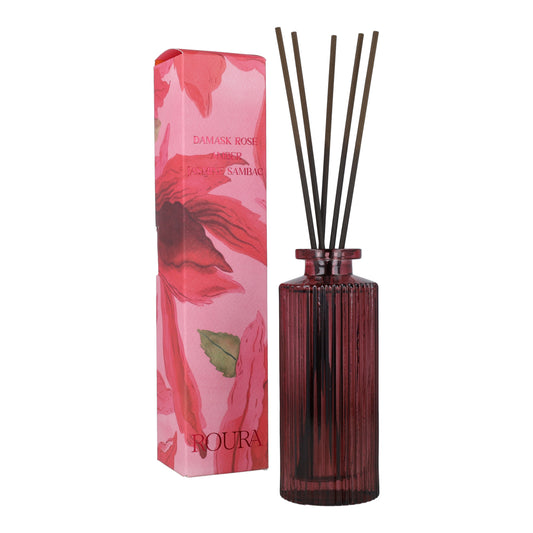 Ambientador mikado rosa de Damasco en frasco rayado granate Roura 100 ml