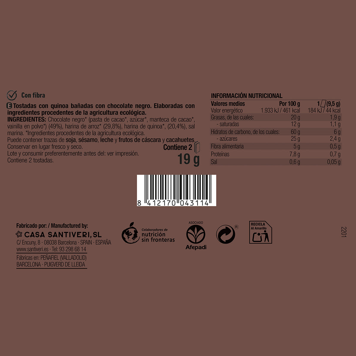 Tosta crocante com quinoa e chocolate negro biológico 3x57 g