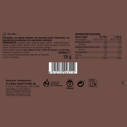 Tosta crocante com quinoa e chocolate negro biológico 3x57 g