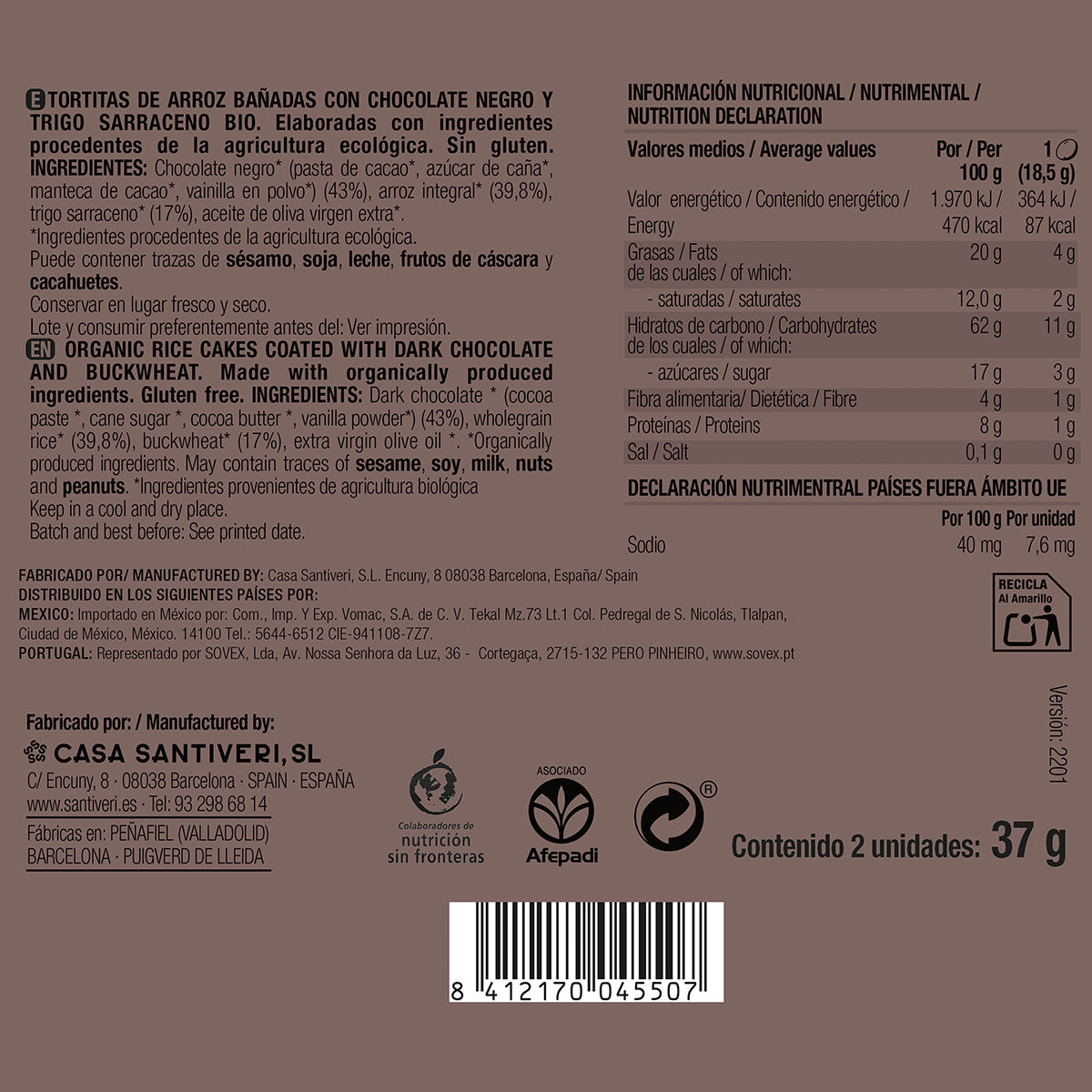 Bolinhos de arroz e trigo sarraceno com chocolate negro biológico 3x37 g.