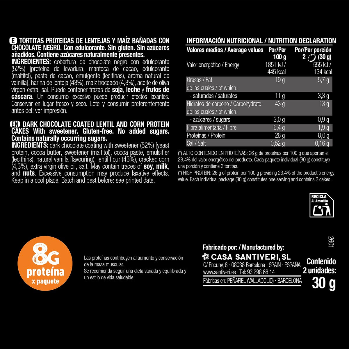 Tortitas Proteicas bañadas de Chocolate Proteico 2x3 Santiveri 90g