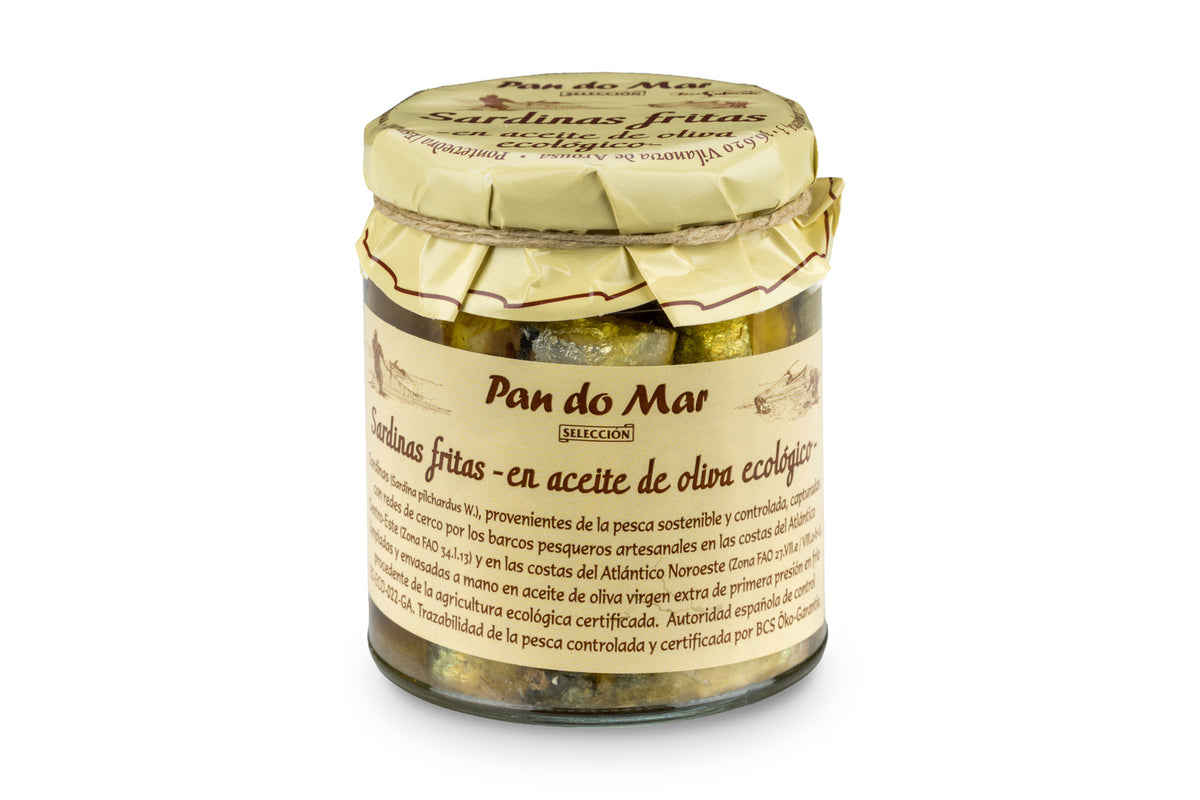 Sardinas fritas en aceite de oliva ecológico en Vidrio Pan do Mar 220g